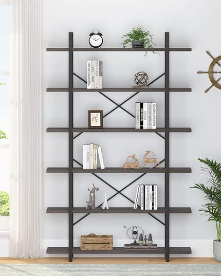 HSH Industrial Tall Bookshelf, Large Vertical Wood and Metal 6 Tier Book Shelf, Open 6 Shelf Bookcase for Bedroom Living Room Office, Vintage Display Storage Bookshelves and Bookcases, Dark Gray Oak - LeafyLoom