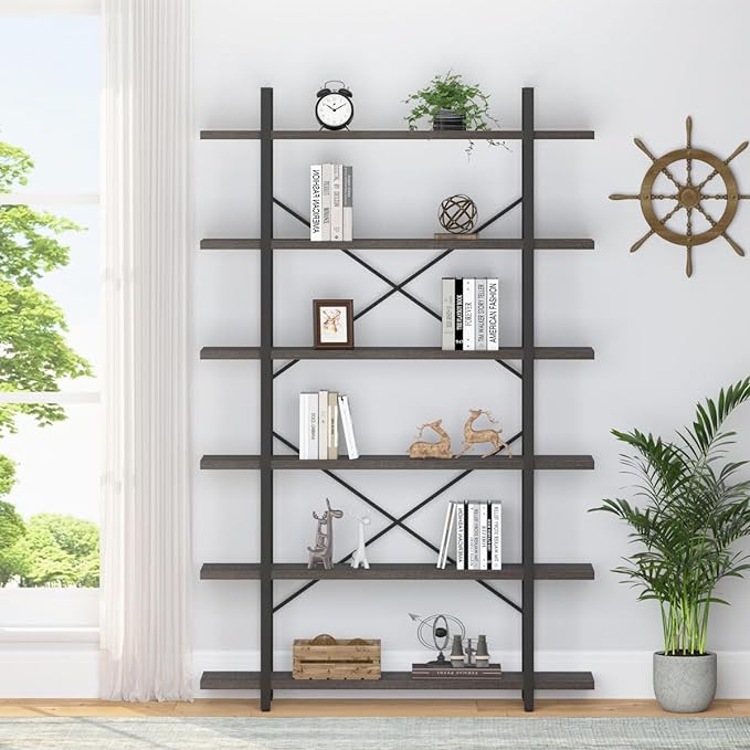 HSH Industrial Tall Bookshelf, Large Vertical Wood and Metal 6 Tier Book Shelf, Open 6 Shelf Bookcase for Bedroom Living Room Office, Vintage Display Storage Bookshelves and Bookcases, Dark Gray Oak - LeafyLoom