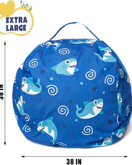 Stuffed Animal Storage Bean Bag Chair Cover, Hold Kids Plush Toys Blankets Towels Beanbag (Cover Only), Canvas Floor Circle Stuff Sit Seat Sofa with YKK Zipper, Extra Large 38", Blue Shark - LeafyLoom