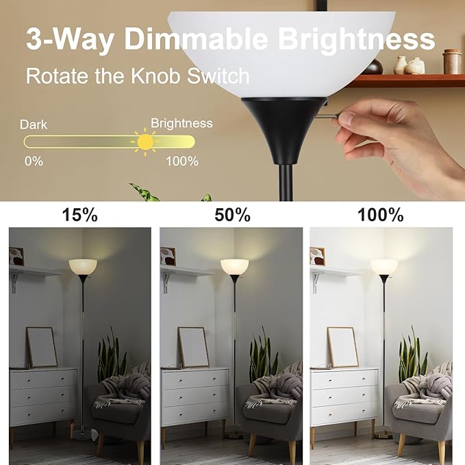 Floor Lamp, Dimmable Standing Lamp, 3 Levels Brightness Led Floor Lamp Rotary Switch Floor Lamps Modern Industrial Lamp with Shade, Tall Lamps for Living Room Bedroom Office Dining Room (Black) - LeafyLoom