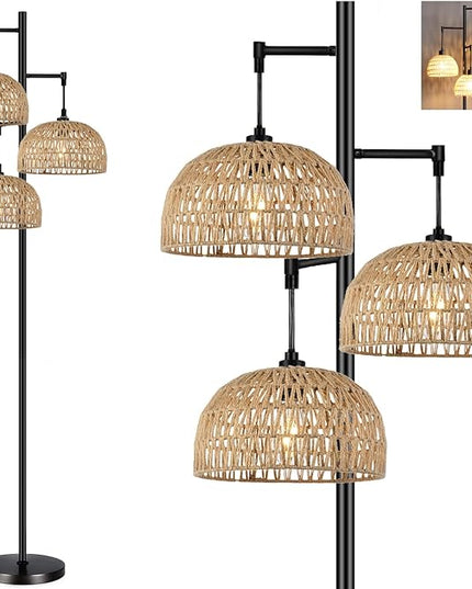 Floor Lamp for Living Room,Bedroom,3-Lights Boho Rattan Floor Lamps,Tree Farmhouse Industrial Black Standing Lamp Wicker Rustic Tall Lamp,Woven Bamboo LampShade Floor Light Bohemian - LeafyLoom