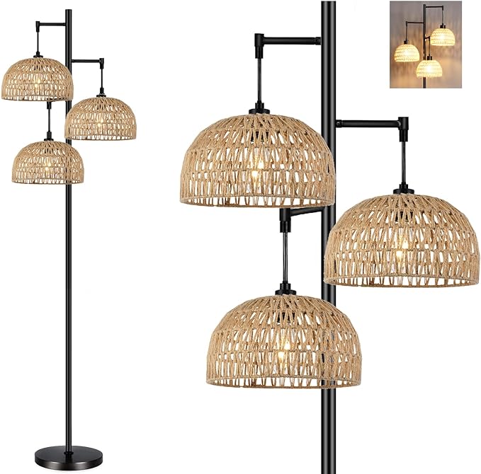 Floor Lamp for Living Room,Bedroom,3-Lights Boho Rattan Floor Lamps,Tree Farmhouse Industrial Black Standing Lamp Wicker Rustic Tall Lamp,Woven Bamboo LampShade Floor Light Bohemian - LeafyLoom