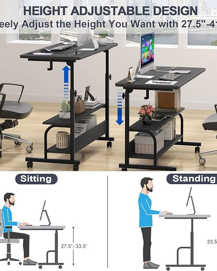 Height Adjustable Standing Desk with Power Outlets, 39" Manual Stand Up Desk with Storage Shelves Small Mobile Rolling Computer Desk Portable Laptop Table with Wheels for Home Office, Black - LeafyLoom