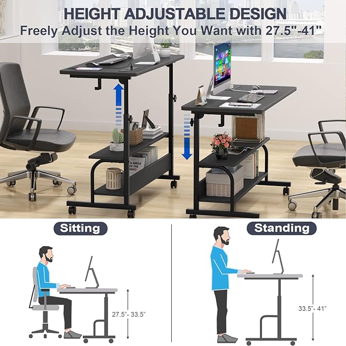 Height Adjustable Standing Desk with Power Outlets, 39" Manual Stand Up Desk with Storage Shelves Small Mobile Rolling Computer Desk Portable Laptop Table with Wheels for Home Office, Black - LeafyLoom
