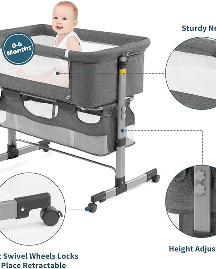 Bedside Sleeper Bedside Crib, Baby Bassinet 3 in 1 Travel Baby Crib Baby Bed with Breathable Net,Adjustable Portable Bed for Infant/Baby(Deep Grey) - LeafyLoom