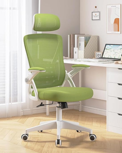 Ergonomic Office Chair, Mid Back Desk Chair with Adjustable Height, Swivel Chair with Flip-Up Arms and Lumbar Support, Breathable Mesh Computer Chair with Headrest (White and Green) - LeafyLoom