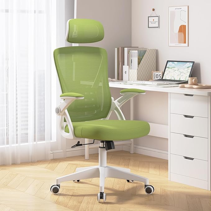 Ergonomic Office Chair, Mid Back Desk Chair with Adjustable Height, Swivel Chair with Flip-Up Arms and Lumbar Support, Breathable Mesh Computer Chair with Headrest (White and Green) - LeafyLoom