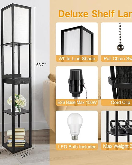 OUTON Dimmable Floor Lamp with Shelves, 1 Drawer, 2 USB-C Ports, 2 AC Outlets, LED Modern Floor Lamp with 3 Color Temperature, Storage Display Wood Standing Lamp for Living Room, Bedroom (Matte Black) - LeafyLoom