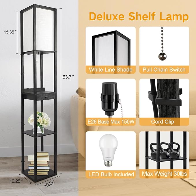 OUTON Dimmable Floor Lamp with Shelves, 1 Drawer, 2 USB-C Ports, 2 AC Outlets, LED Modern Floor Lamp with 3 Color Temperature, Storage Display Wood Standing Lamp for Living Room, Bedroom (Matte Black) - LeafyLoom