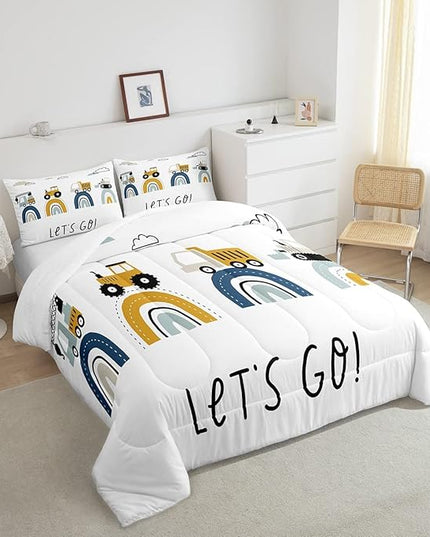 Boys Cartoon Car Comforter Set, Kids Construction Vehicles Comforter for Kids Children Cartoon Rainbow Truck Bedding Set Cute Cars Soft Quilt Set Bedroom Collection 3Pcs Full Size - LeafyLoom