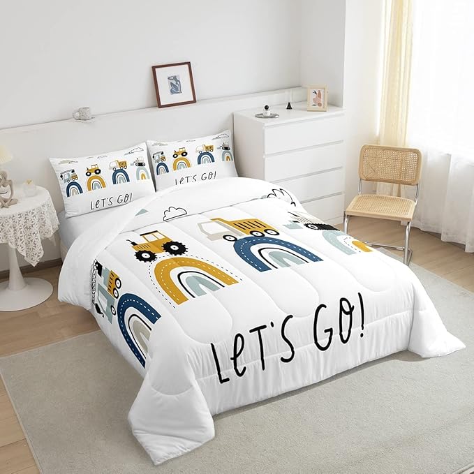 Boys Cartoon Car Comforter Set, Kids Construction Vehicles Comforter for Kids Children Cartoon Rainbow Truck Bedding Set Cute Cars Soft Quilt Set Bedroom Collection 3Pcs Full Size - LeafyLoom