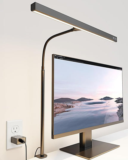 SUPERDANNY LED Desk Lamp for Office Home, Eye-Caring Desk Light with Adjustable Gooseneck, 12W Touch Control Dimmable Brightness, Architect Clamp Lamp with USB Adapter for Reading Study Workbench - LeafyLoom