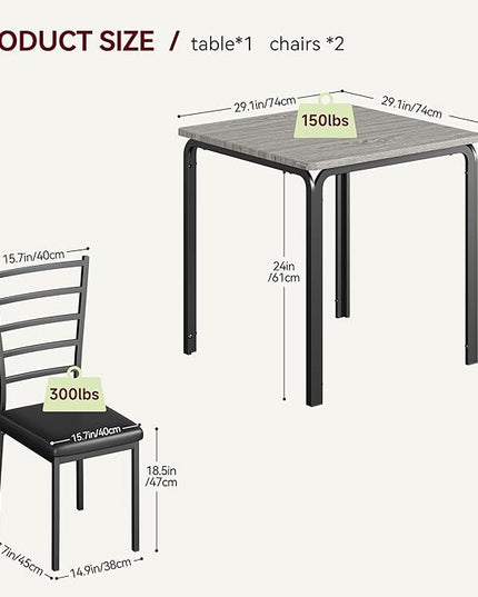 IDEALHOUSE Dining Table for 2, Small Table and Chairs Set of 2, Dinette Set for 2, Square Dinner Table Set, 3 Piece Kitchen & Dining Room Sets for Small Space (Grey, Dining Table with 2Chairs) - LeafyLoom