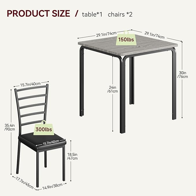 IDEALHOUSE Dining Table for 2, Small Table and Chairs Set of 2, Dinette Set for 2, Square Dinner Table Set, 3 Piece Kitchen & Dining Room Sets for Small Space (Grey, Dining Table with 2Chairs) - LeafyLoom