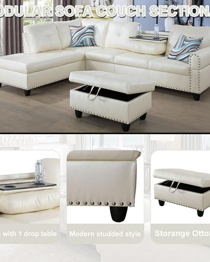 Leather L Shaped Sectional Ottoman Modern Nail-Head Design Comfy Lounge Modular Sofa with Cup Holder & Chaise for Living Room, Bedroom, Office, L Couch White - LeafyLoom