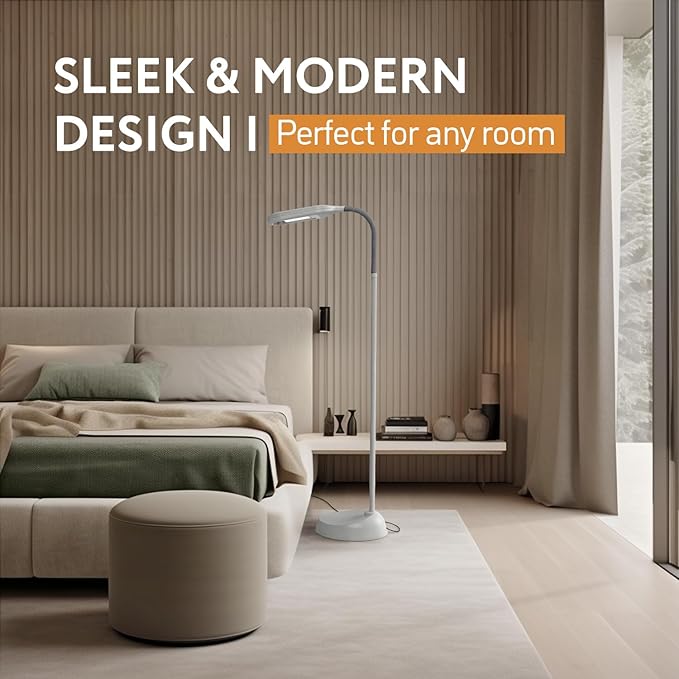 Natural Daylight Floor Lamp - Craft Light Floor Standing for Reading, Crafting, Sewing - 27W Full Spectrum White Bright Sunlight - Adjustable Gooseneck - Task Lamps for Living Room, Bedroom, Office - LeafyLoom