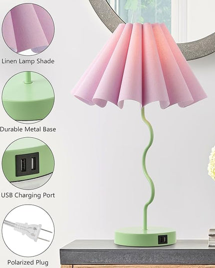 Bedside Table Lamp Set of 2 Touch Dimmable Unique Green Lamp with USB Port and Outlet Modern Lamp for Living Room - LeafyLoom