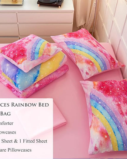6 Pieces Rainbow Queen Size Bed in A Bag for Girls/Kids/Teens, Colorful Sparkle Tie Dye Girls Comforter Set, Soft Sparkle Glitter Galaxy Bed Sets for All Season - LeafyLoom