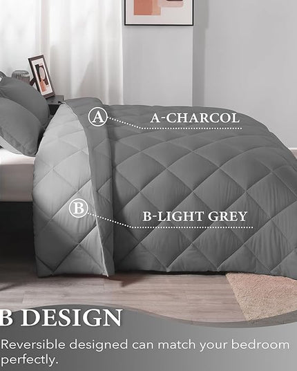 downluxe Twin Comforter Set - Charcoal and Grey Twin Comforter, Soft Bedding Sets for All Seasons -2 Pieces - 1 Comforter (66"x92") and 1 Pillow Sham(20"x26") - LeafyLoom