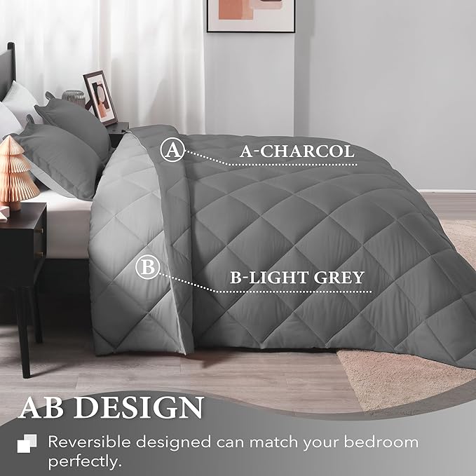downluxe Twin Comforter Set - Charcoal and Grey Twin Comforter, Soft Bedding Sets for All Seasons -2 Pieces - 1 Comforter (66"x92") and 1 Pillow Sham(20"x26") - LeafyLoom