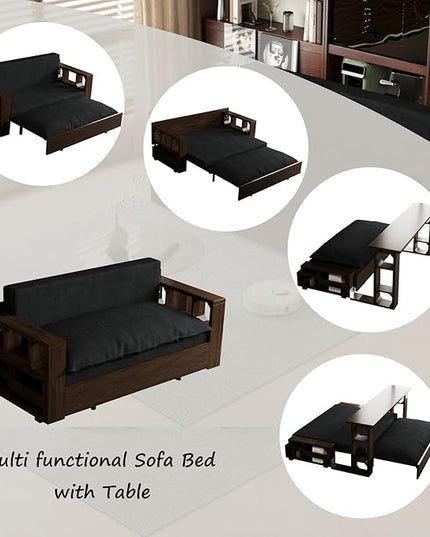52" 3 in 1 Loveseat Futon Sofa Couch of Mordern Velvet w/Pullout, Small Love Seat Lounge Sleeper w/Convertible Office Desk for Living Room Bed, 52inch, Black - LeafyLoom