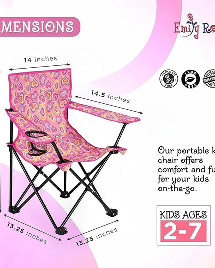 Emily Rose Kids Folding Chair | Beach Chair with Safety Lock- Camping Chair for Boyos Girls Toddler with Cup Holder & Carry Case- Tailgate, Travel, Lawn- for Indoor & Outdoor (Playful Hearts) - LeafyLoom