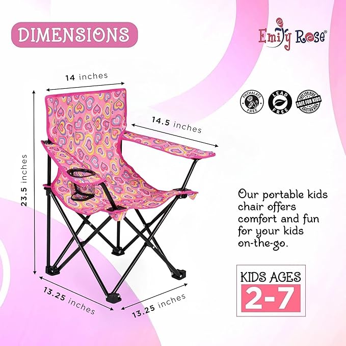Emily Rose Kids Folding Chair | Beach Chair with Safety Lock- Camping Chair for Boyos Girls Toddler with Cup Holder & Carry Case- Tailgate, Travel, Lawn- for Indoor & Outdoor (Playful Hearts) - LeafyLoom