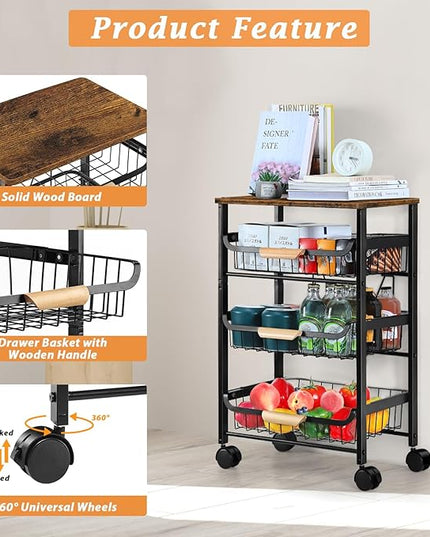HEOMU Rolling Storage Cart, 4 Tier Kitchen Island Cart on Wheels with Pull-Out Baskets and Wood Top, Vegetable and Fruit Basket Stand for Kitchen, Living Room, Dining Room, Black - LeafyLoom