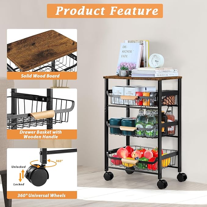 HEOMU Rolling Storage Cart, 4 Tier Kitchen Island Cart on Wheels with Pull-Out Baskets and Wood Top, Vegetable and Fruit Basket Stand for Kitchen, Living Room, Dining Room, Black - LeafyLoom