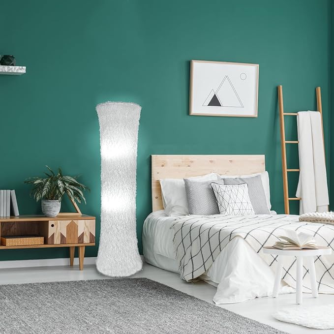 Floor Lamp for Living Room Bedrooms, Contemporary Floor Lamps with White Cloth Fabric Shade, Faux Feather Tassels Finish - LeafyLoom