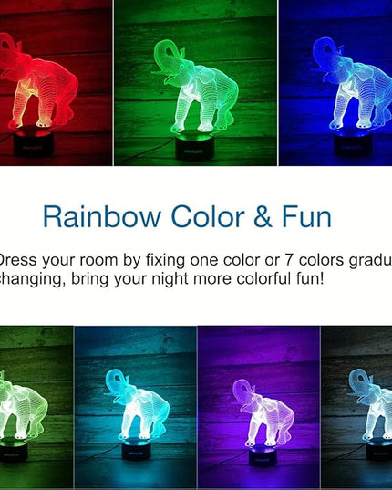 Elephant 3D Night Light for Boys Girls Room, Bedside Lamp Toys Decor Gifts for Kids Baby, 7 Colors Changing Nightlight with Smart Control - LeafyLoom