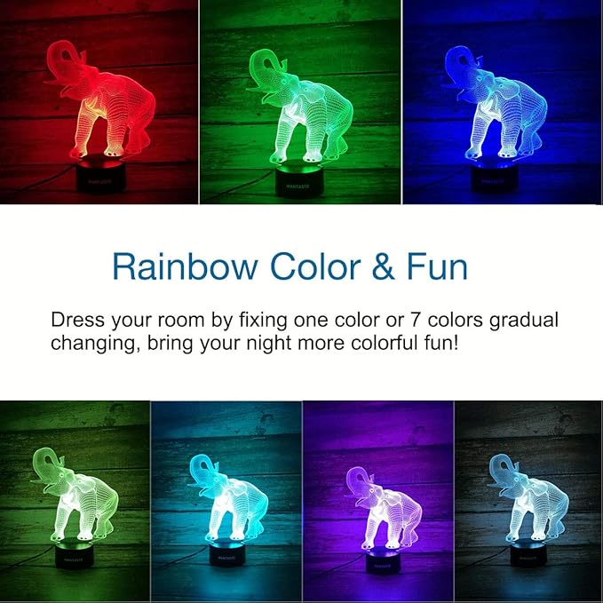 Elephant 3D Night Light for Boys Girls Room, Bedside Lamp Toys Decor Gifts for Kids Baby, 7 Colors Changing Nightlight with Smart Control - LeafyLoom