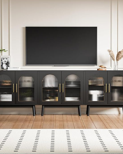Set of 3 Sideboard Buffet Cabinet, Accent Kitchen Storage Cabinet with Glass Doors, Modern Console Table TV Stand with Adjustable Shelves for Living Room, Dining Room, Black - LeafyLoom