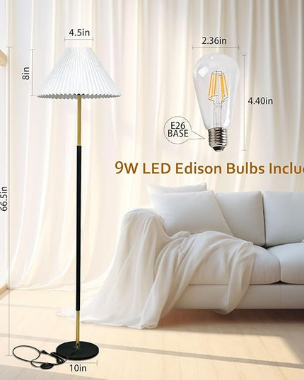 Floor Lamp,9W LED Edison Bulbs Included Nordic Design Standing Lamp with Foot Switch with Pleated Shade, 66‘‘Tall Floor Lamp Reading for Living Room Bedroom Office Classroom Dorm Room - LeafyLoom