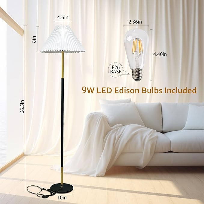 Floor Lamp,9W LED Edison Bulbs Included Nordic Design Standing Lamp with Foot Switch with Pleated Shade, 66‘‘Tall Floor Lamp Reading for Living Room Bedroom Office Classroom Dorm Room - LeafyLoom