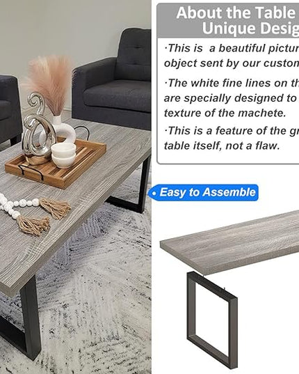 IBF Grey Coffee Table, Wood Metal Coffee Table for Living Room, Farmhouse Minimalist Rustic Center Table, Industrial Simple Rectangle Wooden Cocktail Tea Table for Bedroom, Light Grey Oak, 47 Inch - LeafyLoom