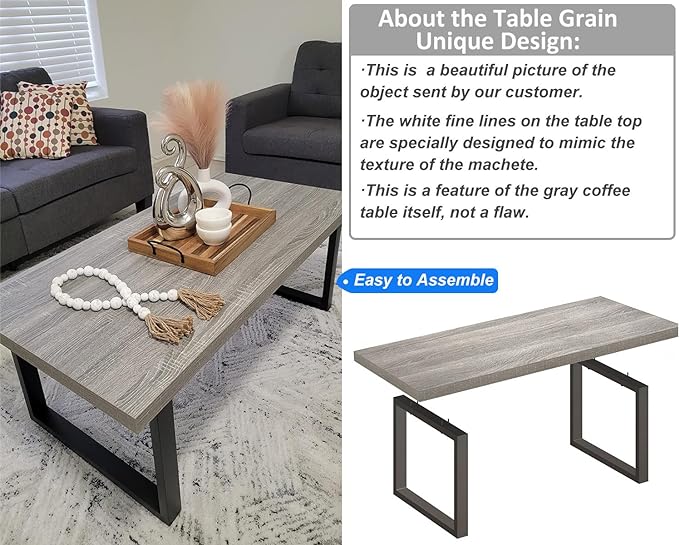 IBF Grey Coffee Table, Wood Metal Coffee Table for Living Room, Farmhouse Minimalist Rustic Center Table, Industrial Simple Rectangle Wooden Cocktail Tea Table for Bedroom, Light Grey Oak, 47 Inch - LeafyLoom