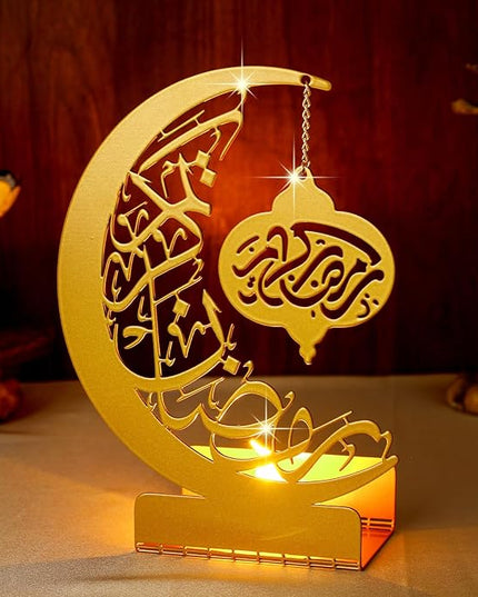 Eid Crafts Night Light 3D Metal Ramadan Eid Mubarak Ornaments Ramadan Decorations Ramadan Table Decor Ramadan Mubarak Light with 2 LED Candles for Home Eid Party Supplies (Classic) - LeafyLoom