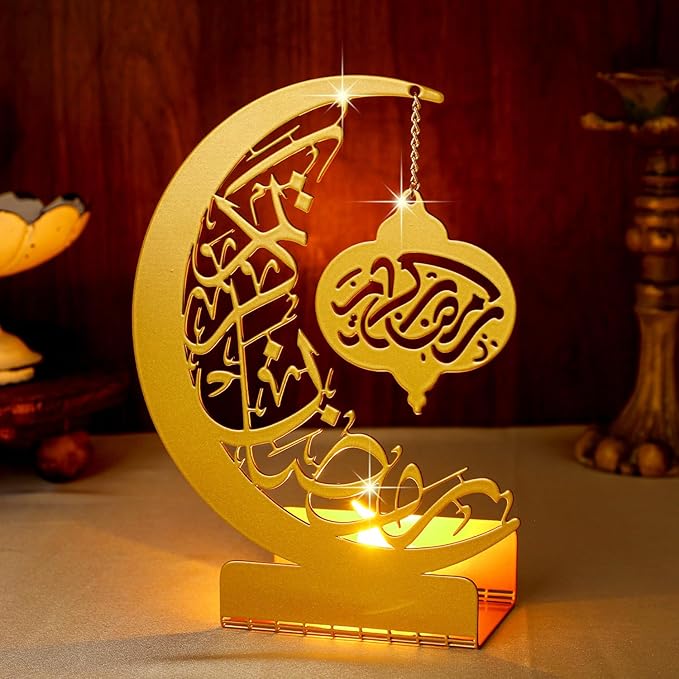 Eid Crafts Night Light 3D Metal Ramadan Eid Mubarak Ornaments Ramadan Decorations Ramadan Table Decor Ramadan Mubarak Light with 2 LED Candles for Home Eid Party Supplies (Classic) - LeafyLoom