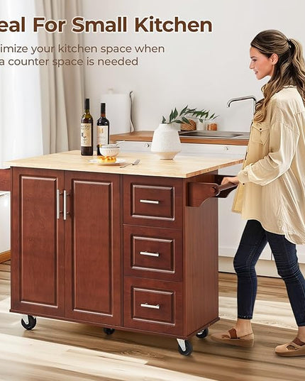 54" Large Kitchen Island Cart with Drop Leaf, Kitchen Island with Storage, Rolling Kitchen Island with Inside Cabinet, 3 Drawers, Spice Rack, Towel Rack and Wood Tabletop(Brown) - LeafyLoom