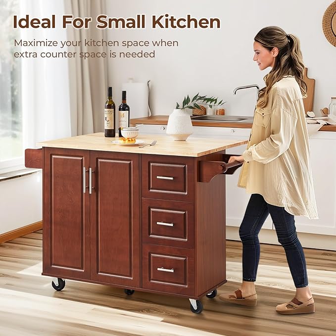 54" Large Kitchen Island Cart with Drop Leaf, Kitchen Island with Storage, Rolling Kitchen Island with Inside Cabinet, 3 Drawers, Spice Rack, Towel Rack and Wood Tabletop(Brown) - LeafyLoom
