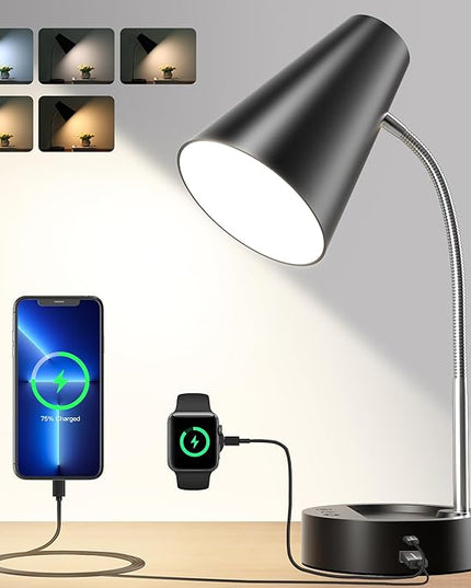 RUNTOP Desk Lamp, Black Desk Lamps for Home Office, LED Desk Light with USB Port and Type C Port, 5 Brightness Levels, 5 Color Temperatures, Flexible Gooseneck Desk Lamp, Table Lamp for Reading Study - LeafyLoom