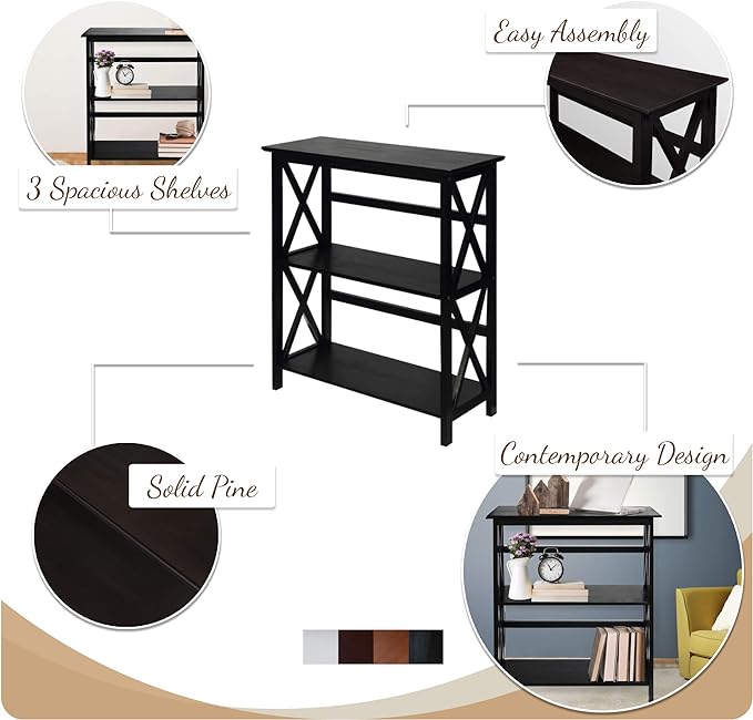 Casual Home Montego 3-Shelf Bookcase, Black (New) - LeafyLoom