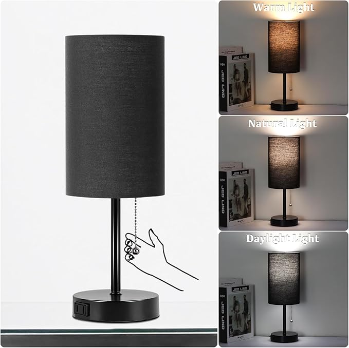 Dott Arts Table Lamp for Bedroom, 3-Color Bedside Lamps with Pull Chain, Bedroom Table Lamps for Nightstand,Small Lamp for Living Room, Bulb Included Black - LeafyLoom