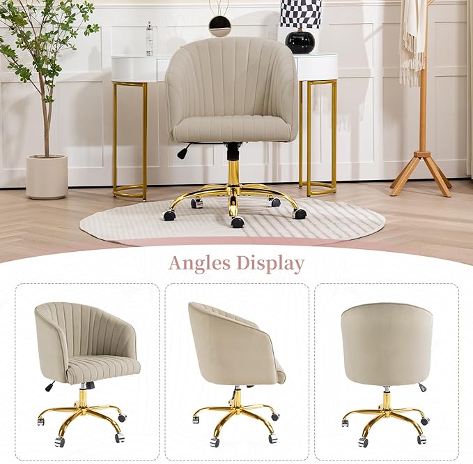 Home Office Desk Chair, Swivel Velvet Office Chair with Arms, Modern Computer Desk Chairs with Wheels, Comfy Wide Armchair for Living Room, Bedroom, Study, Vanity Room, Tan - LeafyLoom