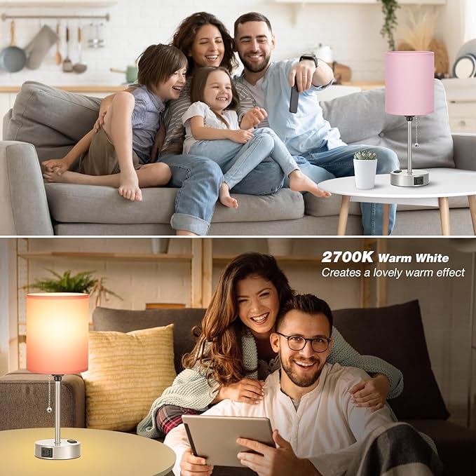 Dicoool Pink Bedroom Lamp for Bedside - 3 Color Temperatures Desk Lamp with USB C and A Ports, Pull Chain Table Lamp with AC Outlet, Nightstand Lamp with Silver Metal Base for Kids Girls - LeafyLoom