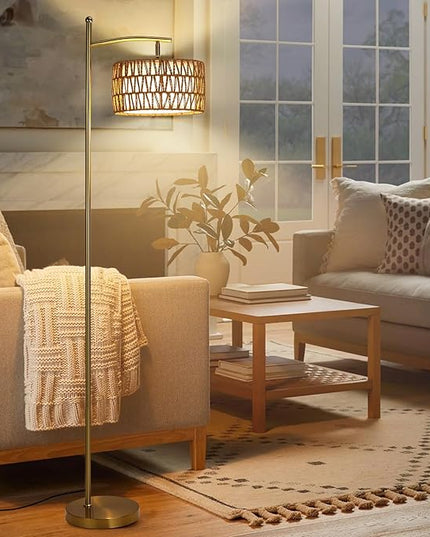 Rattan Floor Lamps for Living Room, Gold Arc Floor Lamp Dimmable with Rattan& Linen Double Shades, Boho Standing Lamp with Remote Control, Tall Lamp for Bedroom, Office - LeafyLoom