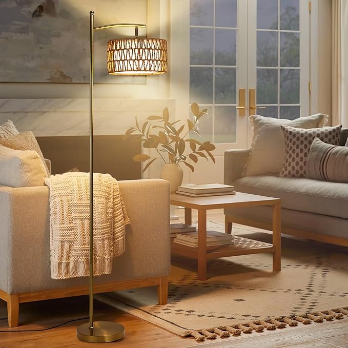 Rattan Floor Lamps for Living Room, Gold Arc Floor Lamp Dimmable with Rattan& Linen Double Shades, Boho Standing Lamp with Remote Control, Tall Lamp for Bedroom, Office - LeafyLoom