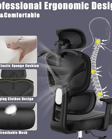 Office Chair, Ergonomic Desk Chair, High Back Desk Chair, Big and Tall Reclining Comfy Home Office Chair with Lumbar Support Breathable Mesh Computer Chair Adjustable Armrests - LeafyLoom