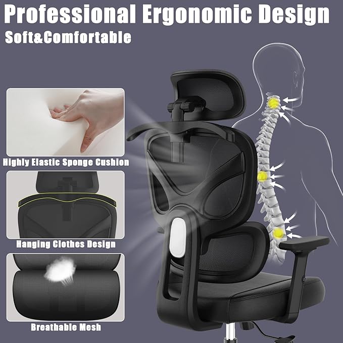 Office Chair, Ergonomic Desk Chair, High Back Desk Chair, Big and Tall Reclining Comfy Home Office Chair with Lumbar Support Breathable Mesh Computer Chair Adjustable Armrests - LeafyLoom